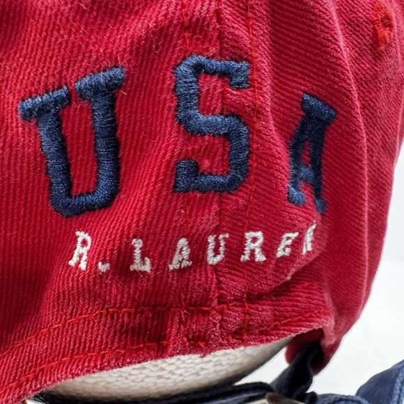 VTG Polo Ralph Lauren Hat USA Flag Cap Red Cotton Strap Back Embroidery Logo - Picture 7 of 13